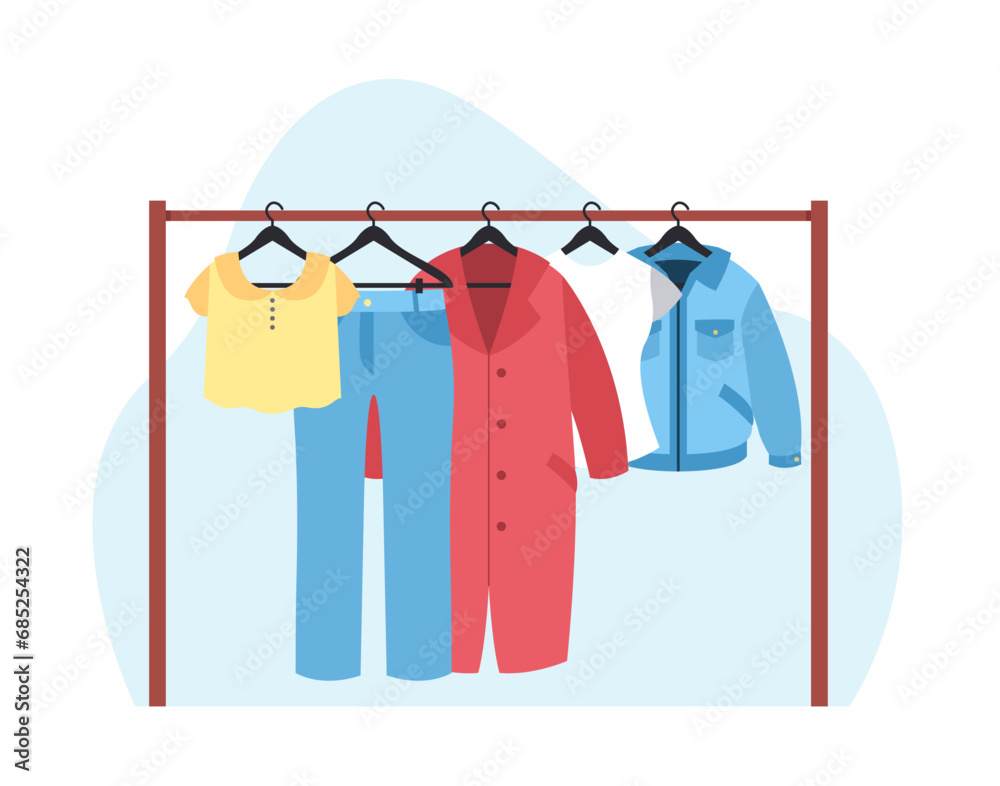 Sale concept, womens clothes hanging on rack. Coat, cotton t-shirt and pants, modern jacket in wardrobe. Female fashion apparel. Discount textile. Cartoon flat isolated vector illustration Sale concept, womens clothes hanging on rack. Coat, cotton t-shirt and pants, modern jacket in wardrobe. Female fashion apparel. Discount textile. Cartoon flat isolated vector illustration