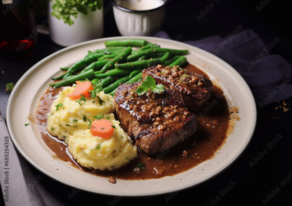 Plate with beef steak in gravy sauce with mashed potatoes and green boiled beans.Macro.AI Generative. Plate with beef steak in gravy sauce with mashed potatoes and green boiled beans.Macro.AI Generative.