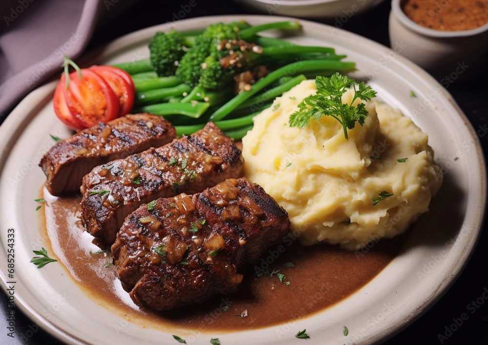 Plate with beef steak in gravy sauce with mashed potatoes and green boiled beans.Macro. AI Generative.