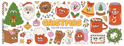 Merry Christmas and Happy New Year collection. Tree, Santa Claus, gingerbread, sweets, wreath, garland, gifts, balls, bell of trendy retro mascot style. Groovy cartoon sticker pack.