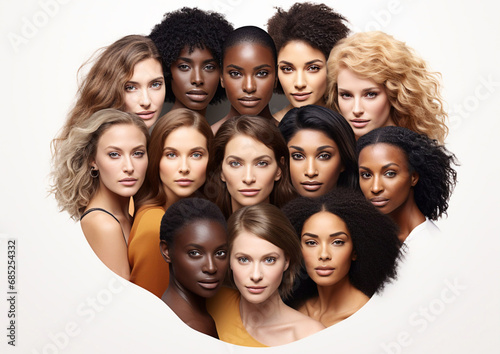 Group of diverse young beautiful multiethnic and multiracial women in white circle.Illustration.AI Generative.