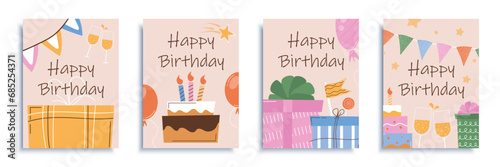 Happy birthday cover brochure set in flat design. Poster templates with surprise party decor and celebration symbols, gifts, flag garlands, cake with candles, glasses champagne. Vector illustration.