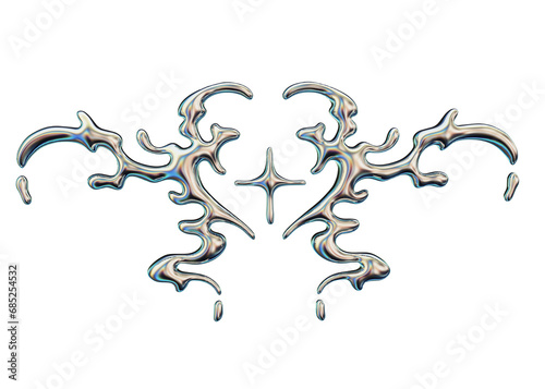 3D chrome neo tribal shape, liquid y2k metal futuristic heart, silver retro glossy holographic art. Metallic shiny cyber aesthetic, melted aluminium mystic icon, futuristic design. Chrome shape photo