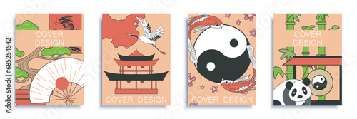 China cover brochure set in flat design. Poster templates with chinese traditional symbols, bonsai tree, fan, dragon, pagoda, crane, yin and yang sign, koi carp, panda and bamboo. Vector illustration.