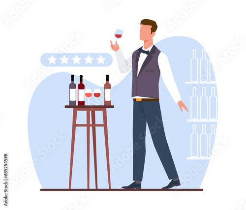 Sommelier tastes wine from glass, assessing its quality. Grape alcohol beverage. Man hold wineglass. Professional expert and critic reviewing drinks. Cartoon flat isolated vector concept