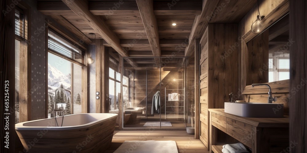 Interior of bathroom in modern wooden house. Swiss chalet architecture.
