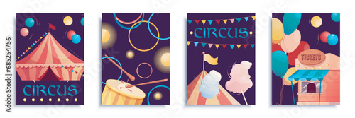 Circus cover brochure set in flat design. Poster templates with colourful tent for art performance, flying balloons, acrobat show, drums, tickets kiosk, cotton candy, garlands. Vector illustration.