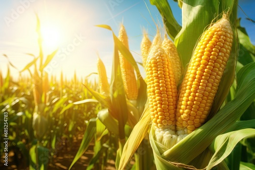 Sweet corn seeds and green leaves at Agriculture corn field. 3D illustration  of free space for your texts and branding. AI generated image