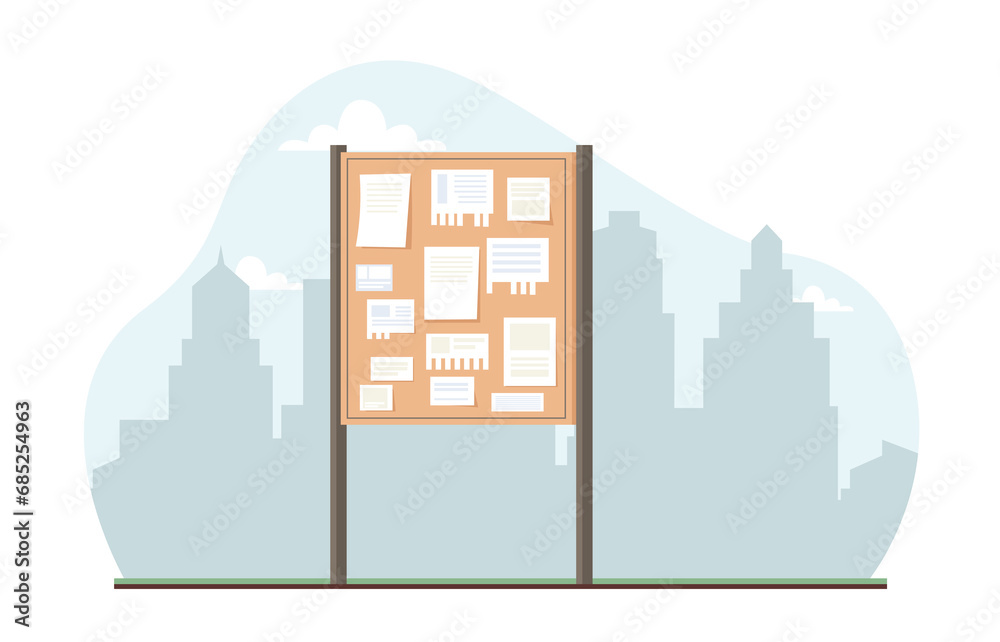 Various ads on bulletin board against background of city buildings. Wooden signboard and empty paper memo. Street advertisement or information signpost. Flat isolated vector concept Various ads on bulletin board against background of city buildings. Wooden signboard and empty paper memo. Street advertisement or information signpost. Flat isolated vector concept