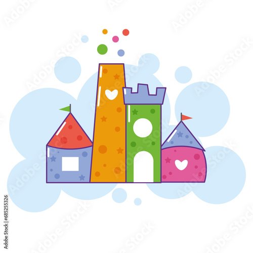 Multicolored cute castle on blue background