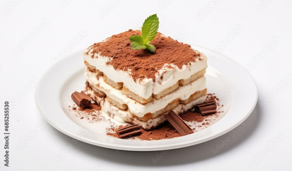 tiramisu desert in white plate on white background tiramisu desert in white plate on white background