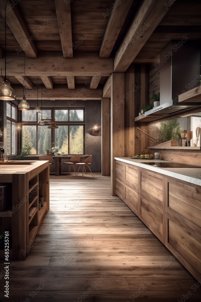 Minimalist wooden kitchen interior in modern Swiss chalet Minimalist wooden kitchen interior in modern Swiss chalet