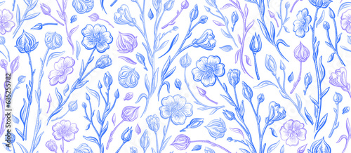 Flax flower, linen seamless pattern. Botany sketch