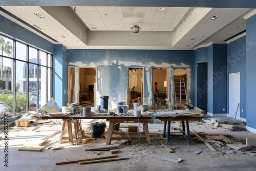 A blue Wall Being Knocked Down to Create an Open Floor Plan. Generative Ai.