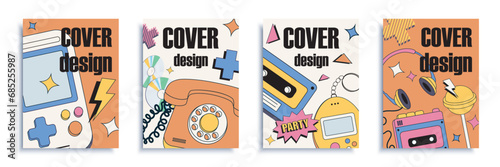 90s retro cover brochure set in flat design. Poster templates with old gamepads, music cassettes and disks, game gadgets, headphones, lollipops, nostalgia items and elements. Vector illustration.
