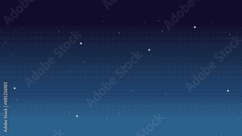 Pixel art night sky background with stars. Seamless backdrop in retro video game 8-bit style. Vector illustration.