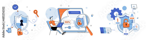 Information security vector illustration. Cyberspace presents unique challenges for businesses in maintaining information security Confidentiality and privacy are key principles in information