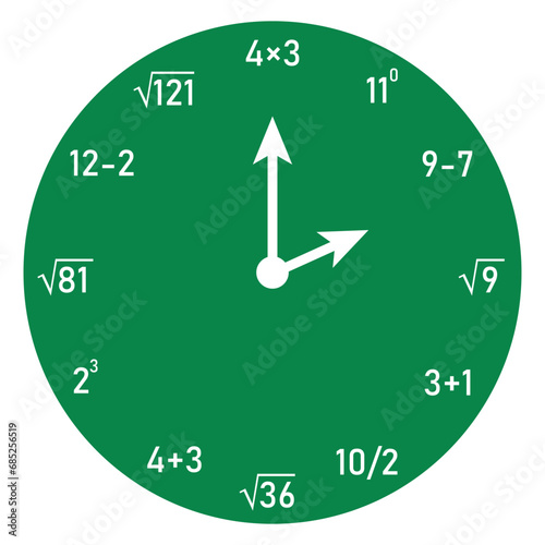 Math wall clock vector illustration. Scientific resources for teachers and students.