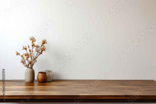 A brown and empty wooden table in front of a white wall, presentation space. Generative Ai. photo