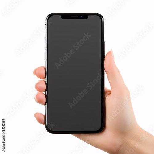 A modern, frameless, black smartphone mockup with a blank white screen, isolated on white background, is held in a woman's hand.