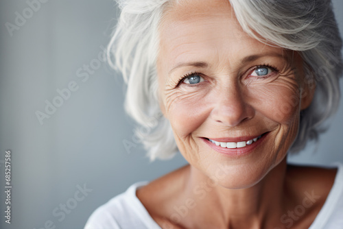 A beautiful elderly grandmother with charming grey hair, enchanting blue eyes and an upbeat outlook beams at the camera.