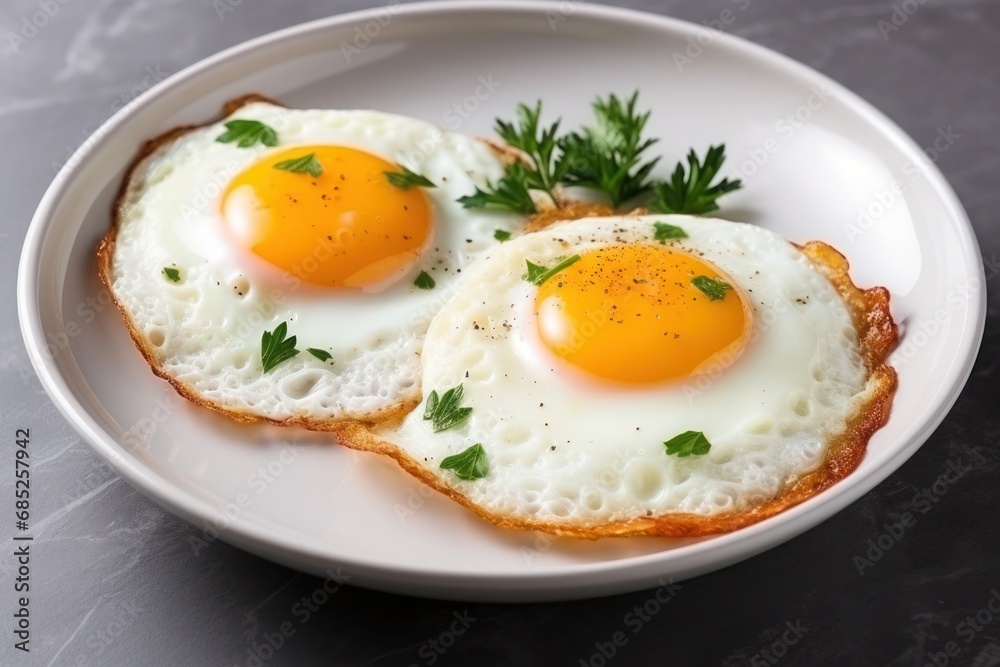 Two perfectly fried eggs on a white plate. Two perfectly fried eggs on a white plate.