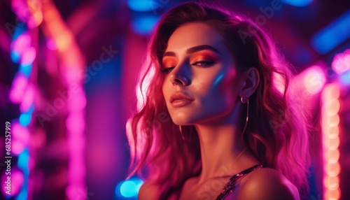 High fashion model in colorful bright neon lights posing at studio. Portrait of beautiful girl