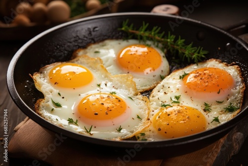 Golden brown fried eggs garnished with fresh parsley, served in a black pan.