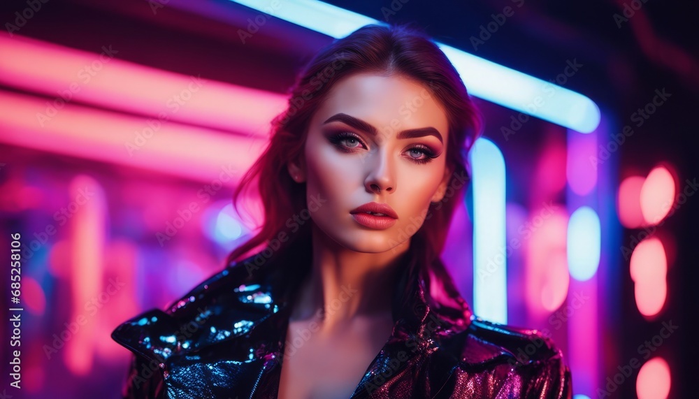 High fashion model in colorful bright neon lights posing at studio. Portrait of beautiful girl High fashion model in colorful bright neon lights posing at studio. Portrait of beautiful girl