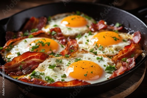 Appetizing fried egg with strips of bacon.