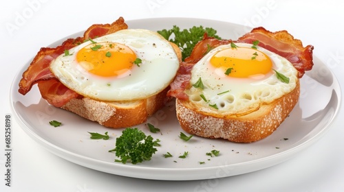 Breakfast toast with fried egg and bacon.