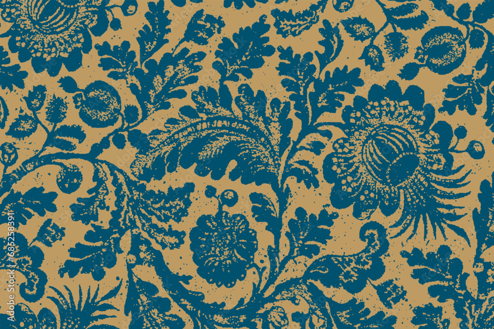 Floral Seamless Pattern. Plant Botanical Ornament. Dark Blue, Indigo, Navy Blue Foliage on Gold Background. Vector illustration. Vintage Wallpaper.