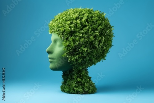 Garden topiary shaped like a human head, meticulously trimmed. Symbolizing mental health, the artful greenery evokes a sense of mindfulness, balance, and harmony in the tranquility of the garden.