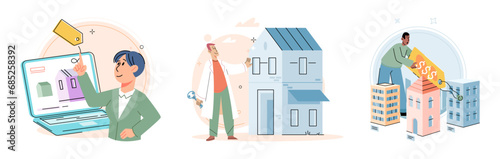 Buying and choosing housing. Vector illustration The sale property attracted several interested buyers The buyer saw potential for long-term investment The purchase house was significant financial
