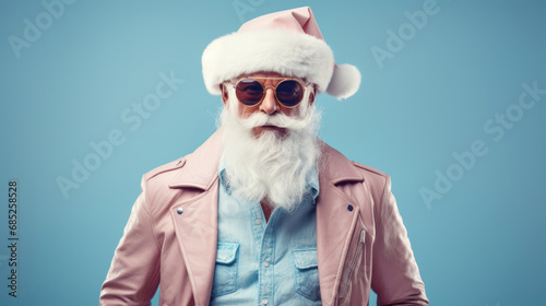 Modern hipster Santa Claus on blue background 