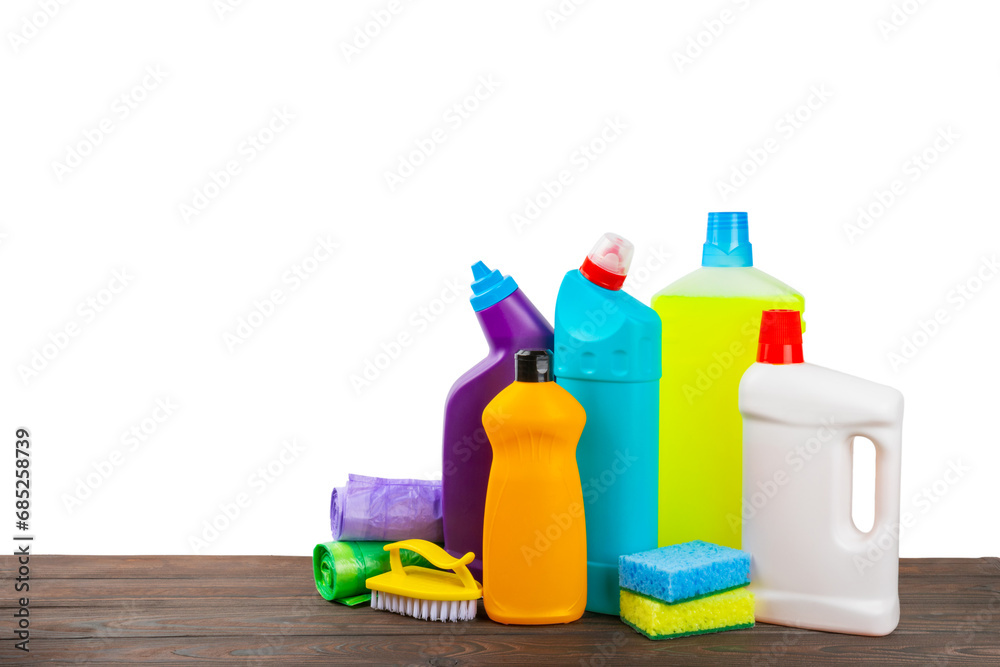Cleaning products for home cleaning isolated on white background. Cleaning concept. Close-up. Household chemicals.Cleaning and detergents in plastic bottles, sponges and gloves.Mockup. Design. Cleaning products for home cleaning isolated on white background. Cleaning concept. Close-up. Household chemicals.Cleaning and detergents in plastic bottles, sponges and gloves.Mockup. Design.
