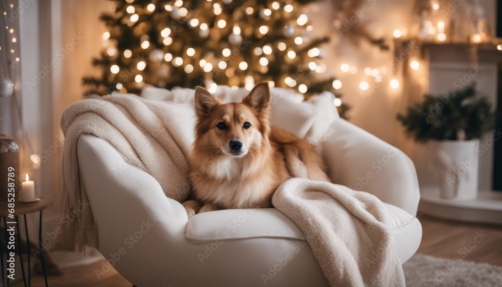 Ivory snuggle chair with fur plush blanket near decorated christmas tree. Hygge new year winter holiday