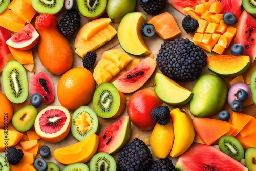 Design an image showcasing the vibrant and textured surface of a tropical fruit salad. 