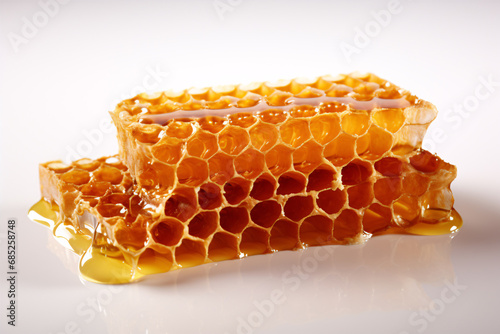 A honey-laden comb sits atop a milky-hued canvas.