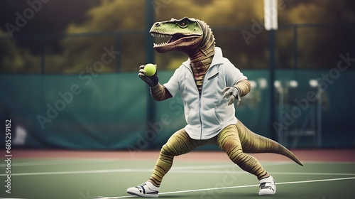 Abstract sports concept. Portrait of a dinosaur in an elegant suit on a tennis court. 