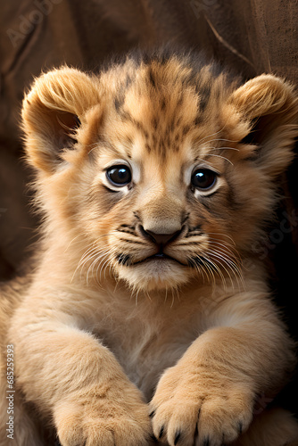 A cute little lion on a dark background. Portrait of a wild animals. 