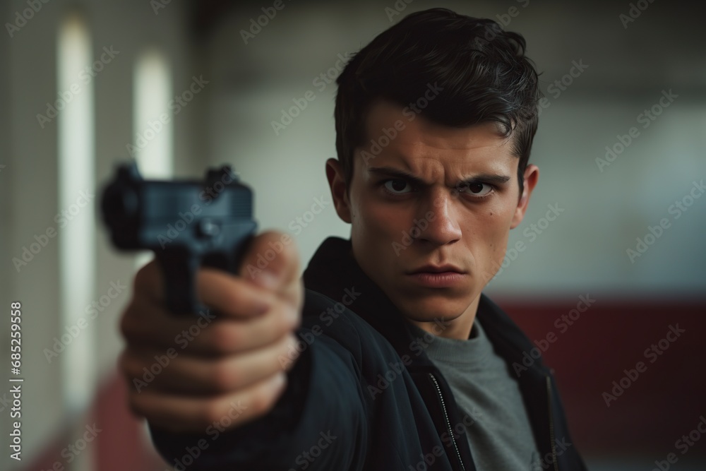 attractive man posing in front of the camera with a gun in his hand attractive man posing in front of the camera with a gun in his hand
