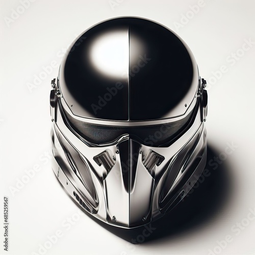 Glossy chrome, stainless steel protective helmet on white background Generative AI