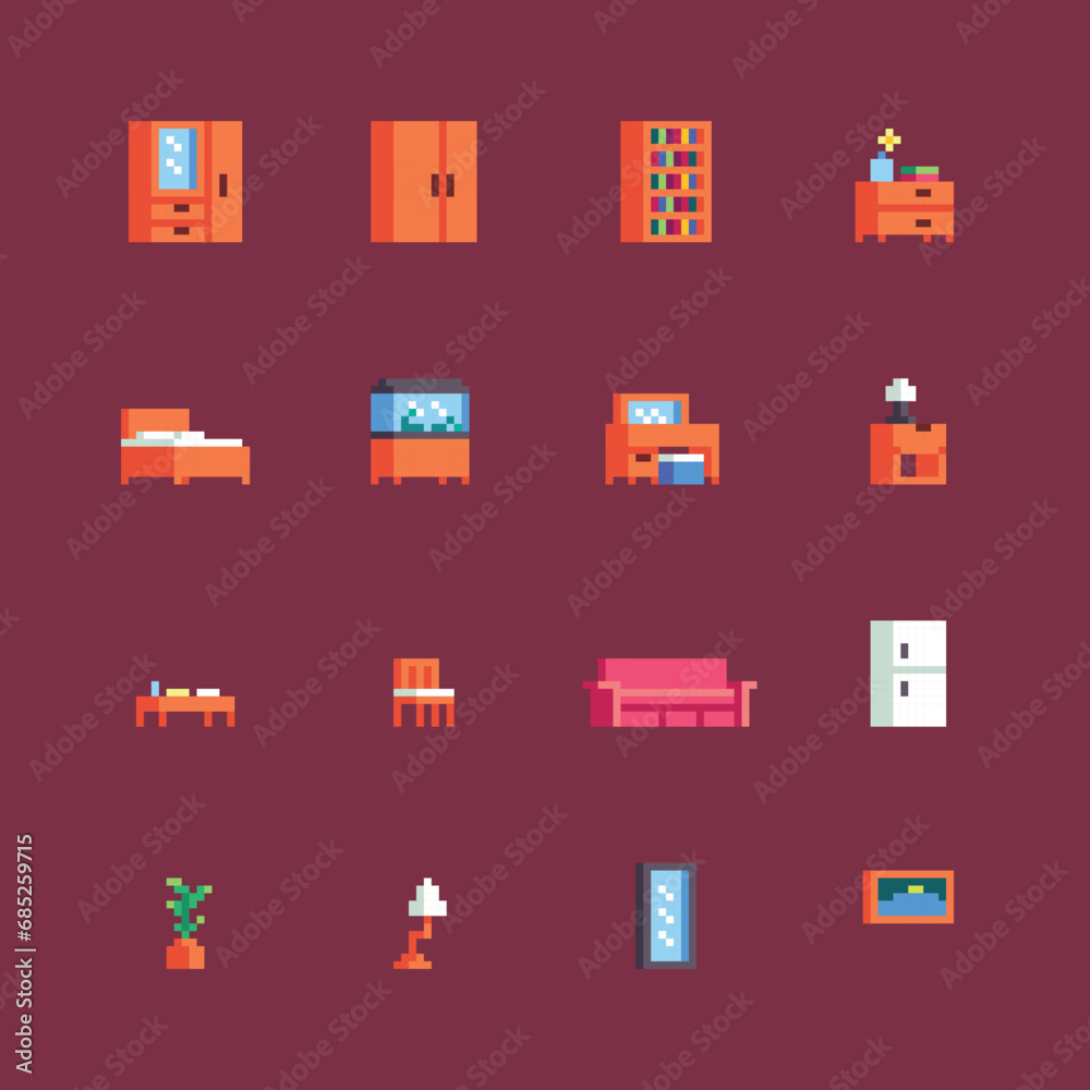 Interior furniture pixel art collection set, 16 bit pixel art, with wooden closet, bed, wooden chair, fridge, sofa, wooden table, lamp, bookshelf, vector illustration isolated on background. Interior furniture pixel art collection set, 16 bit pixel art, with wooden closet, bed, wooden chair, fridge, sofa, wooden table, lamp, bookshelf, vector illustration isolated on background.