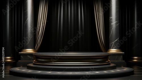 Black Marble and Gold Curtains: A Luxury Product Display Podium with Pillars, Generative AI