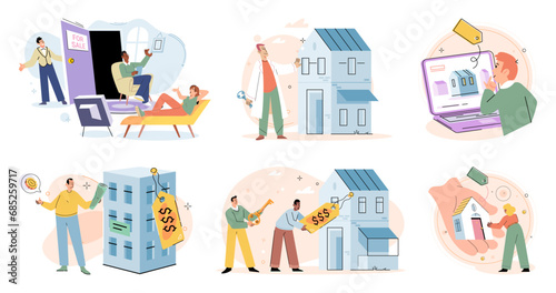 Real estate search. Vector illustration Buyers utilized real estate search concept to explore listings in their desired area People looking for home considered neighborhoods safety and amenities photo