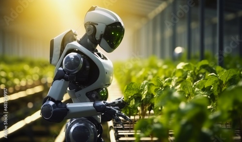 Technology automatic robot working in hypophonic green salad farm industry. 