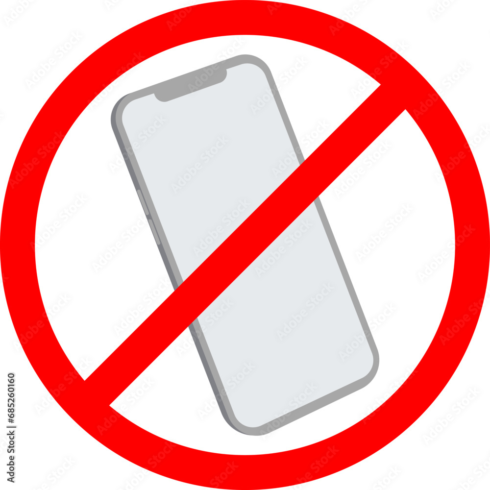 Phone forbidden sign on white background. No mobile phone icon, smartphone ban symbol. Silent call zone or silent mode handphone mark. Cellphone use restriction sign.