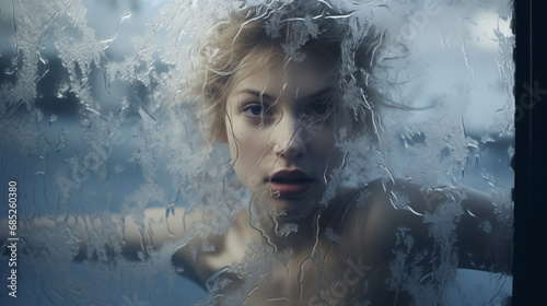 Woman's face through frosty glass.