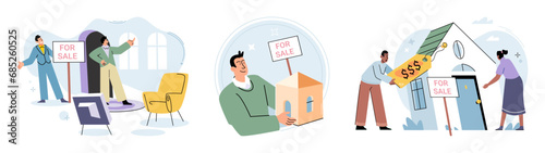 Real estate search. Vector illustration Investing in house through buying offered long-term stability The property with mortgage provided individuals with place to call home Buyers considered